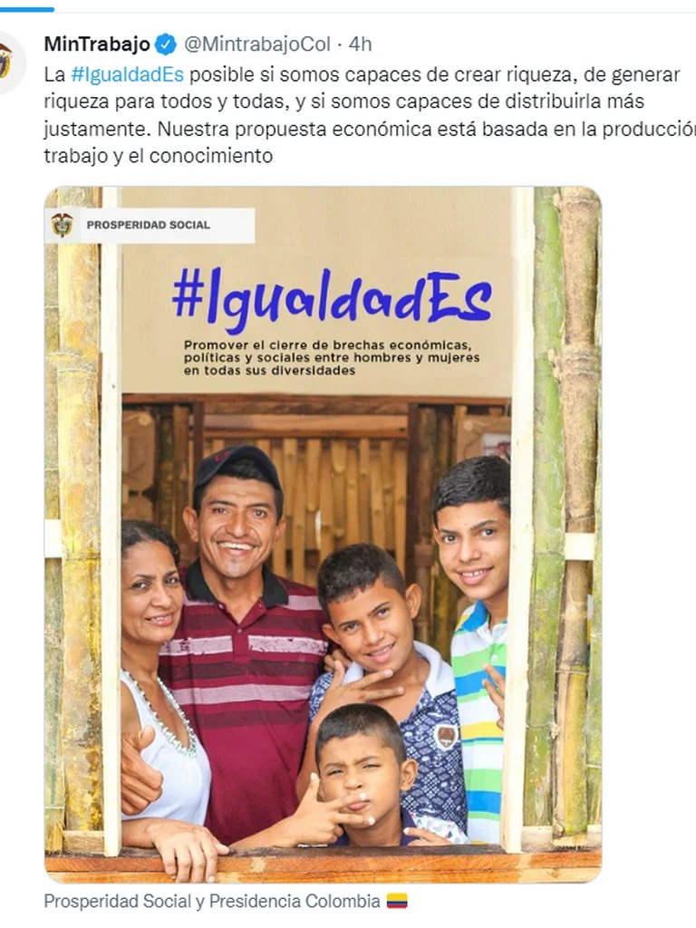 Finalmente, el Ministerio del Trabajo, liderado por en la actualidad por Gloria Ramírez Ríos, publicó un tuit en el que se establece el objetivo del Gobierno nacional para promover el cierre de brechas políticas, económicas y sociales entre hombre y mujeres: